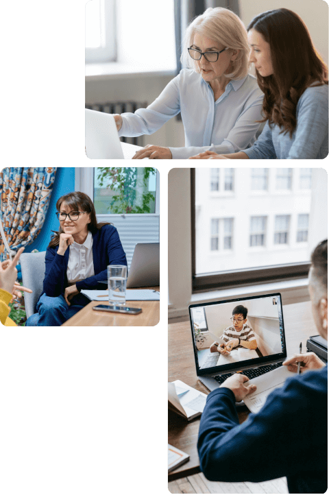 three pictures, one with two women looking at a laptop, one with a woman sitting with a laptop and a glas of water on the table and looking at something, one with a man in fornt of a laptop having a video call