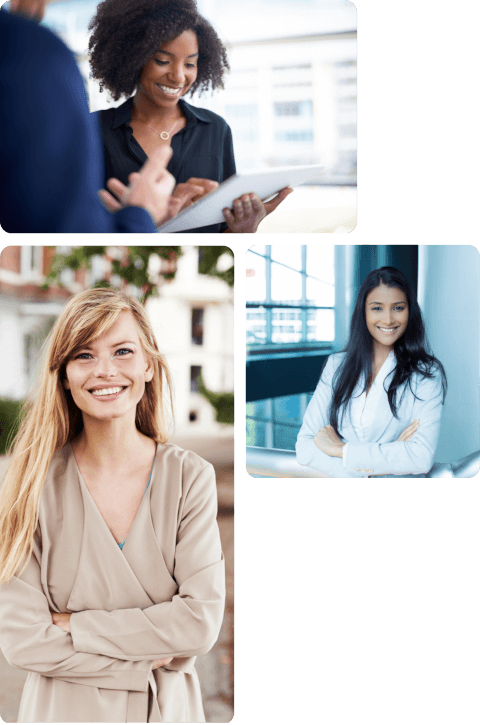 three pictures with three women, one looking on a tablet and smiling, the other two looking at the camera and smiling