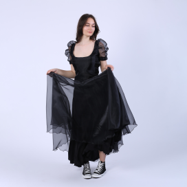 Black organza blouse with short puff sleeves